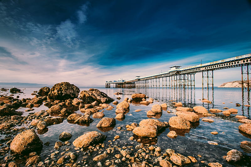 Low tide, tide, long, pier, nature, low, sea, blue, rocks sky, HD wallpaper