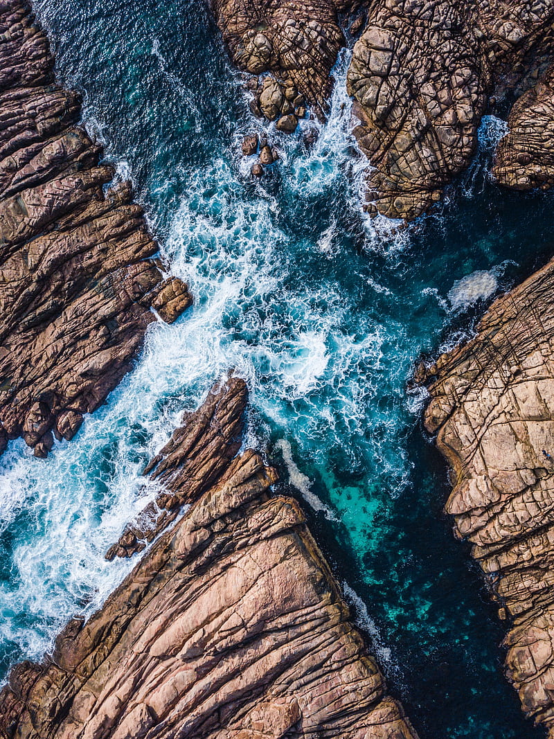rocks, ocean, aerial view, waves, splash, HD phone wallpaper