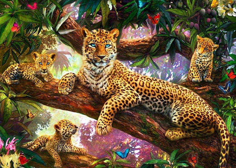 Leopards, painting, resting, cubs, cats, artwork, HD wallpaper