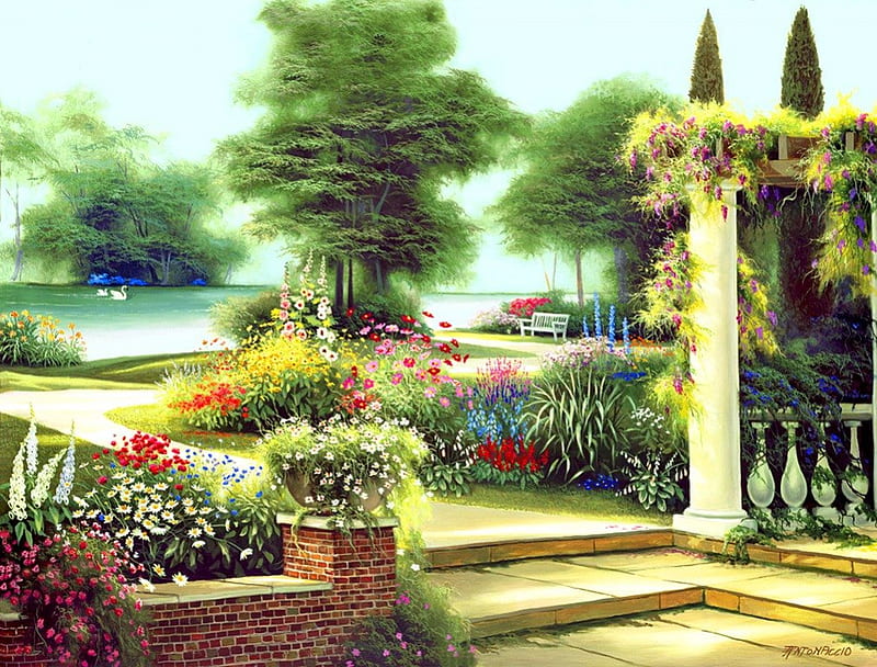 Summer home garden, pretty, home, bonito, nice, calm, painting, flowers, art, quiet, lovely, park, trees, swans, lake, pond, water, serenity, paradise, arch, summer, garden, HD wallpaper