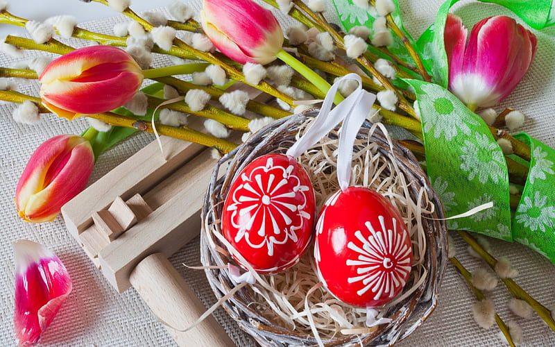 Easter, spring, tulips, basket, easter eggs, Happy Easter, HD wallpaper