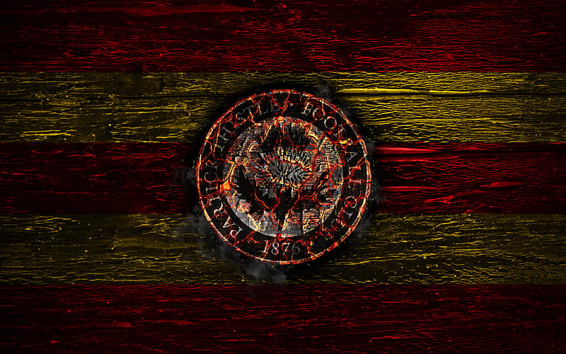 Partick Thistle FC, fire logo, Scotland Premiership, red and yellow lines, Scottish football club, grunge, football, soccer, Partick Thistle logo, wooden texture, Scotland, HD wallpaper