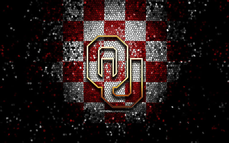 Oklahoma Sooners, glitter logo, NCAA, purple white checkered background, USA, american football team, Oklahoma Sooners logo, mosaic art, american football, America, HD wallpaper