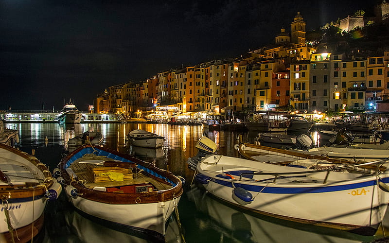 Portovenere, night, boats, italian resort town, Liguria, Italy, Mediterranean Sea, HD wallpaper