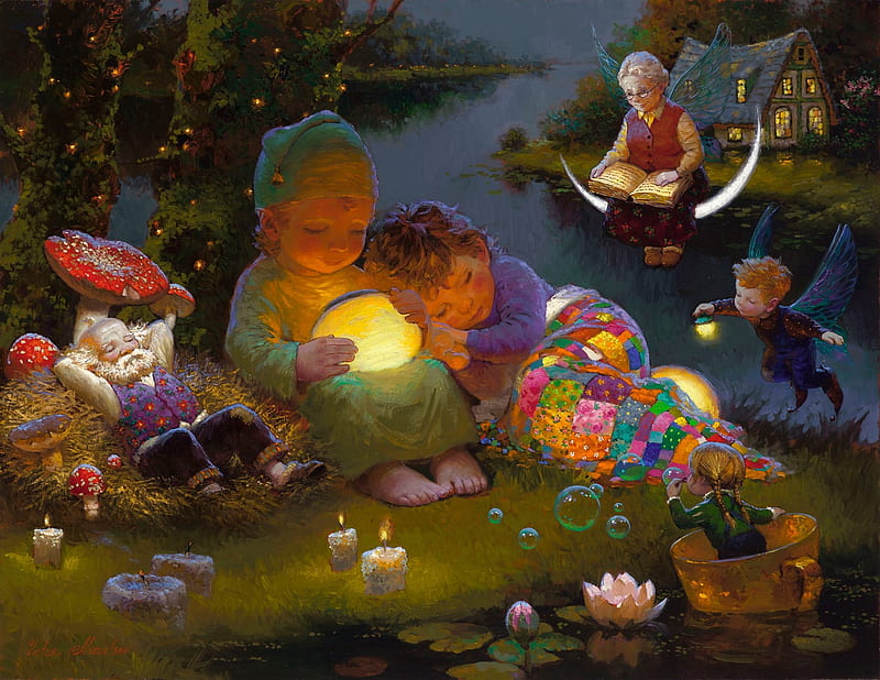 Grandmother's tales, moon, luminos, children, grandmother, fantasy, moon, painting, tales, copil, pictura, dream, victor nizovtsev, HD wallpaper