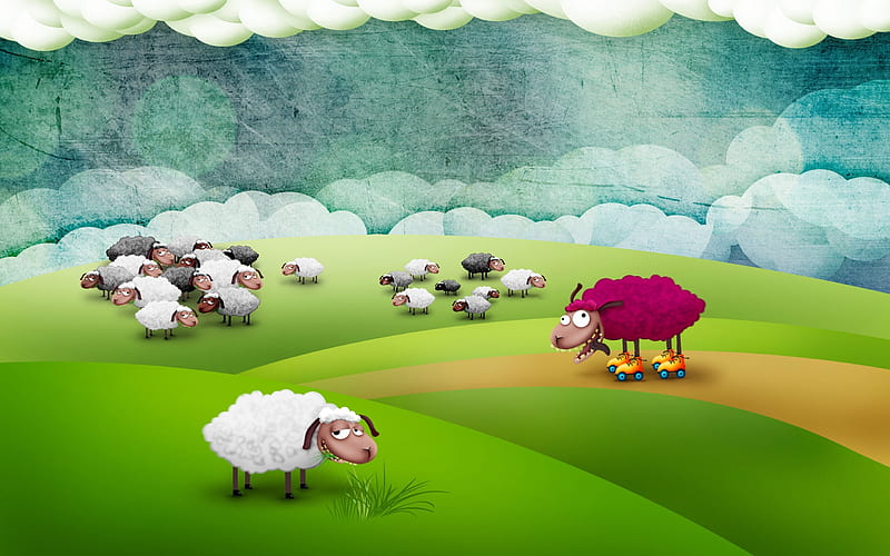 Crazy sheep, sheep, cloud, fantasy, green, crazy, funny, pink, animal, HD wallpaper