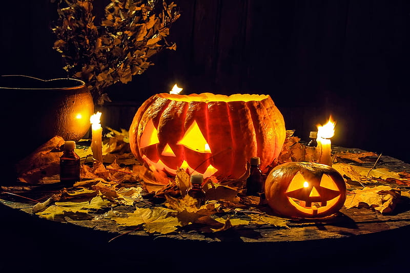 Pumpkins and Potions, Fall, table, potions, vase, Jack O Lanterns, candles, leaves, Halloween, bottles, Autumn, bowl, HD wallpaper