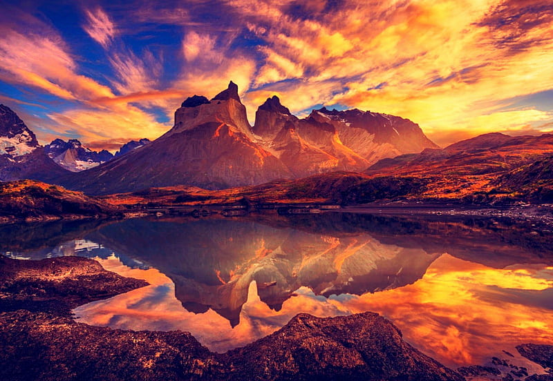 Rising Sun, Torres del Paine, bonito, sky, clouds, lake, mountains, Chile, summer, sunrise, reflection, HD wallpaper