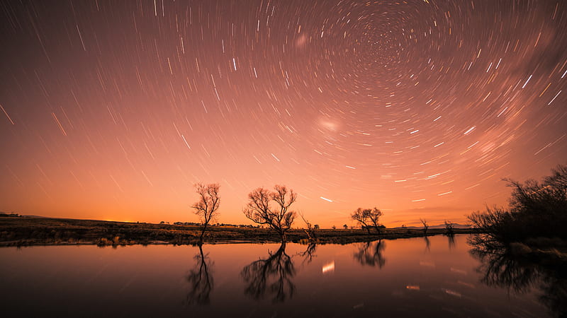 star trail, red sky, reflection, trees, sunset, Landscape, HD wallpaper