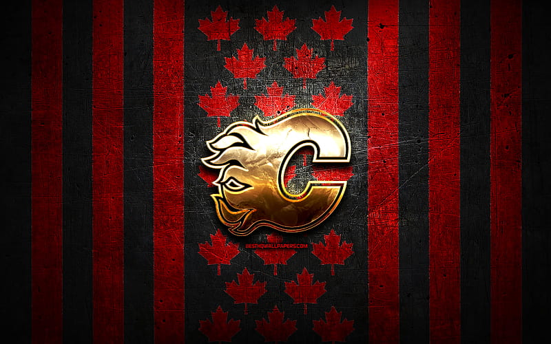 Calgary Flames flag, NHL, red black metal background, canadian hockey team, Calgary Flames logo, Canada, hockey, golden logo, Calgary Flames, HD wallpaper