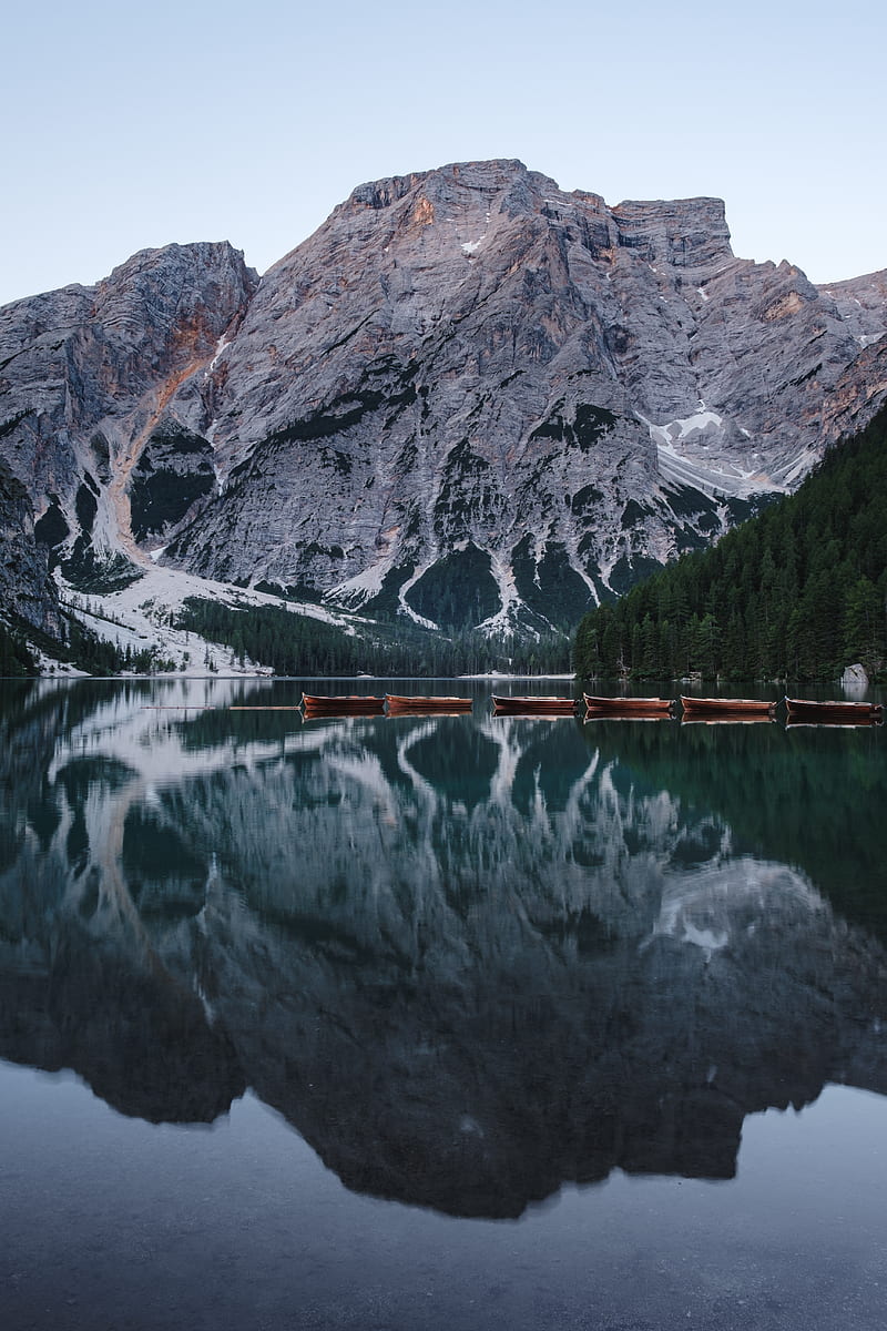 lake, mountains, boats, water, reflection, HD phone wallpaper