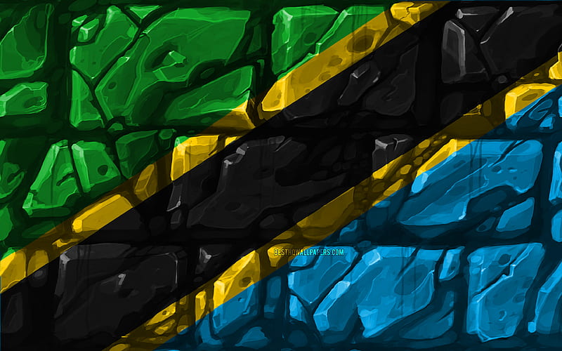 Tanzanian flag, brickwall African countries, national symbols, Flag of Tanzania, creative, Tanzania, Africa, Tanzania 3D flag, HD wallpaper