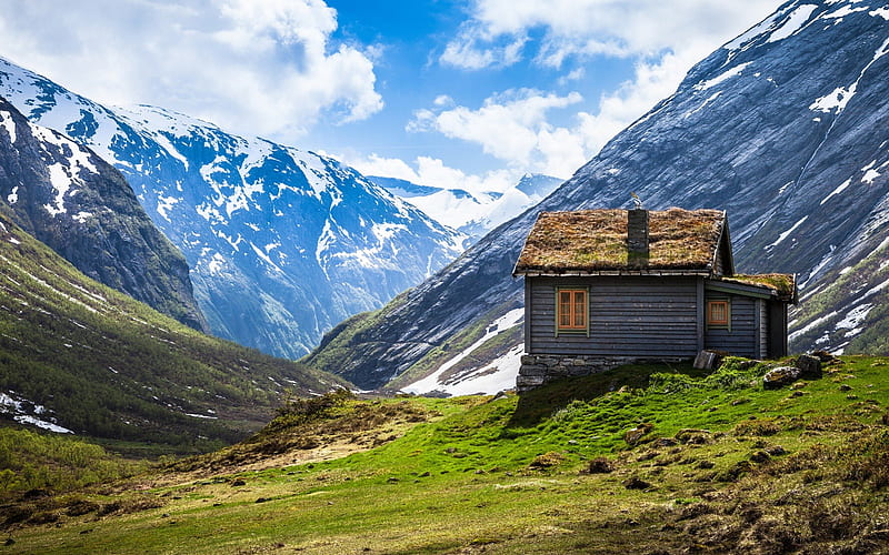 lovely thatched roof cabin in the mountains, mountains, cabin, clouds, meadow, valley, HD wallpaper