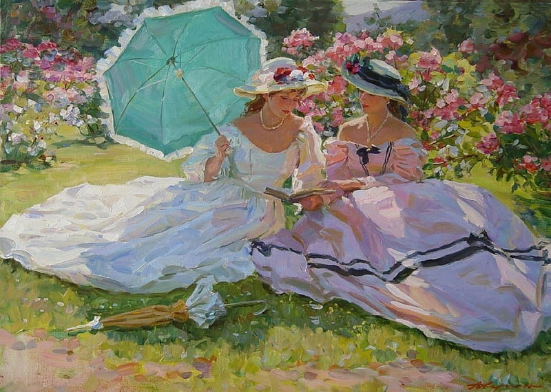 Summer, art, luminos, umbrella, park, woman, hat, girl, garden, flower, pictura, couple, HD wallpaper