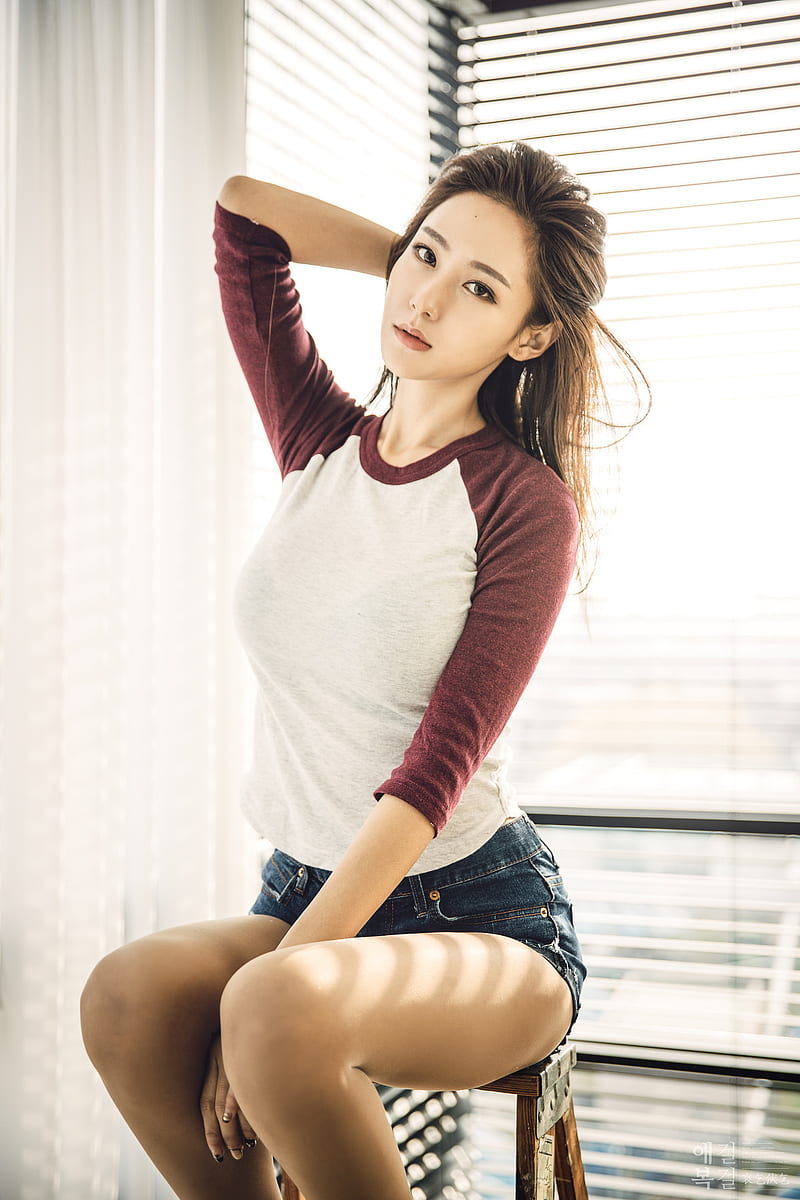 women, Asian, brunette, legs, short shorts, jean shorts, sitting, blinds, Korean, HD phone wallpaper