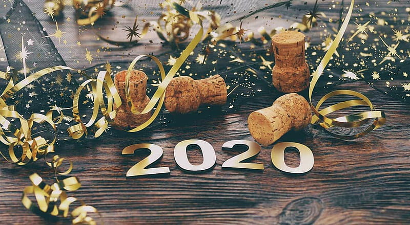 Happy New Year, cork, rable, glitter, 2020, wood, HD wallpaper