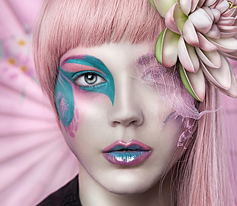 Pink doll, luminos, makeup, flower, face, rebecasaray, rebeca saray, blue, HD wallpaper