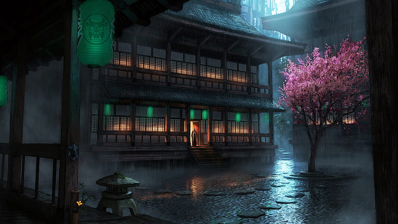 Chinatown, house, china, town, lights, city, anime, reflections, HD wallpaper