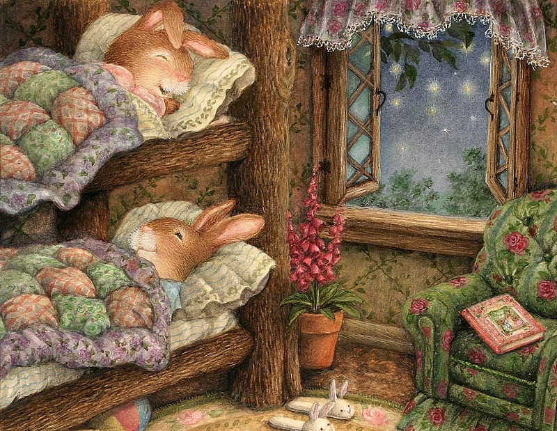 Bunk Beds, stars, rug, window, slippers, plant, book, window ledge, pot, curtain, covers, painting, chair, bunnies, nightime, HD wallpaper