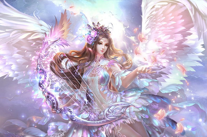 Beautiful Angel, wings, glowing, angel, harp, beauty, bonito, HD wallpaper