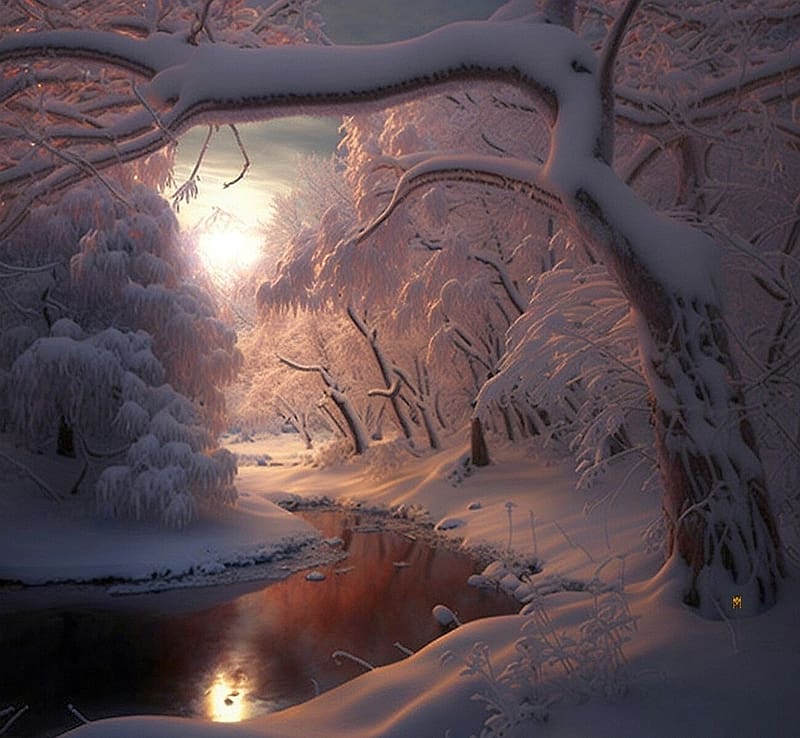 Lovely winter evening, winter, pink, art, fantasy, snow, iarna, marion marino, evening, sunset, HD wallpaper