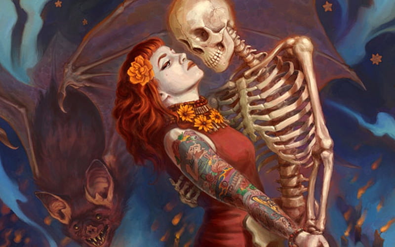 Dance macabre, bones, fantasy, dance, skeleton, red, skull, girl, blue, art, halloween, HD wallpaper