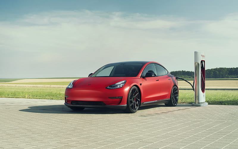 Novitec, Tesla Model 3, 2019, exterior, front view, red electric car, new red Model 3, electric cars, Tesla, electric car charging, HD wallpaper