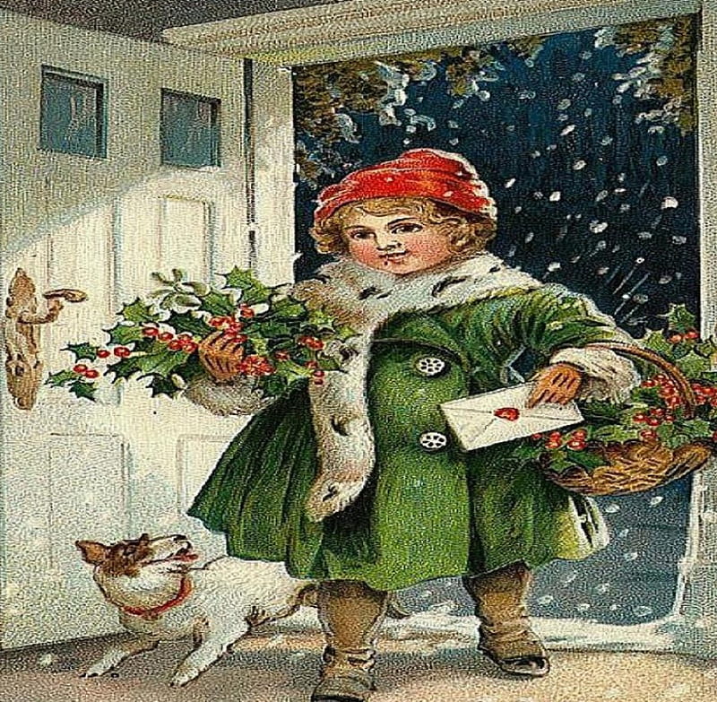 Christmas Homecoming, baskets, mail, green, girl, christmas, snow, holly, dog, HD wallpaper