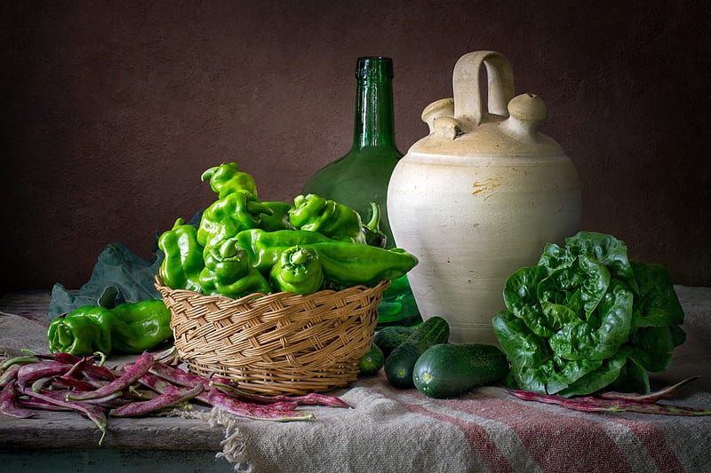 Food, Still Life, Bottle, Cabbage, Cucumber, Jug, Pepper, Vegetable, HD wallpaper