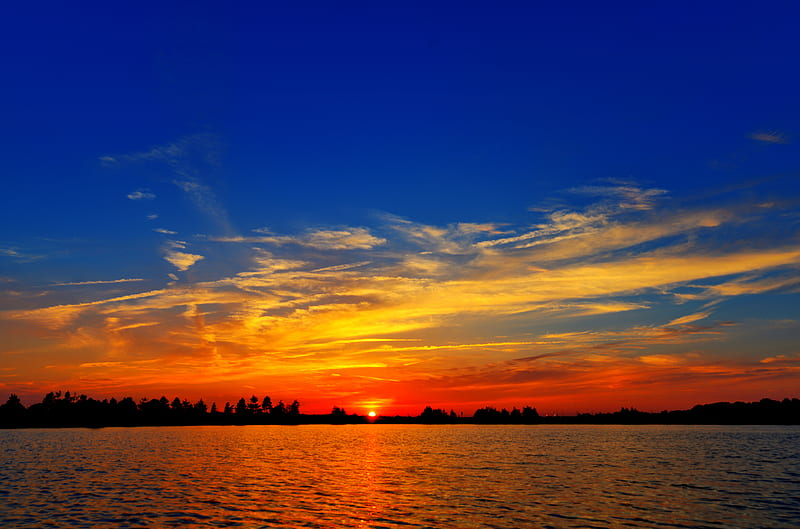 sunset, lake, dusk, dark, landscape, HD wallpaper