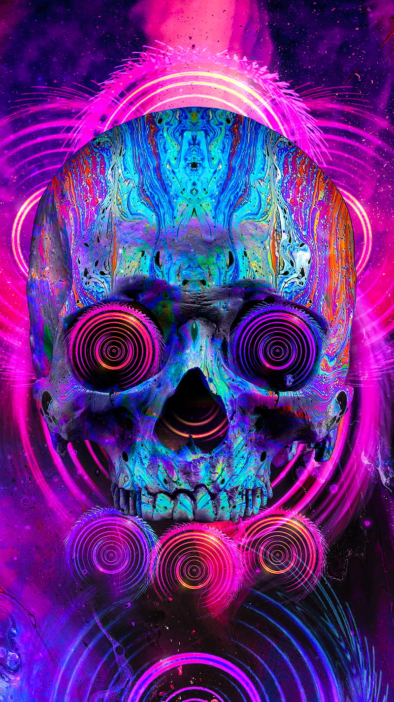 psicodelia, bright, drugs, eyecatchy, glow, neon, neonblue, neonpink, skull, skullart, HD phone wallpaper