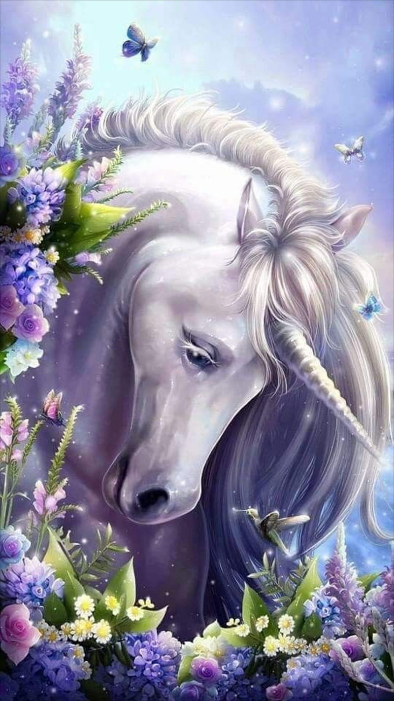 Unicorn, drawings, fantasy, flowers, horse, white unicorn, HD phone wallpaper