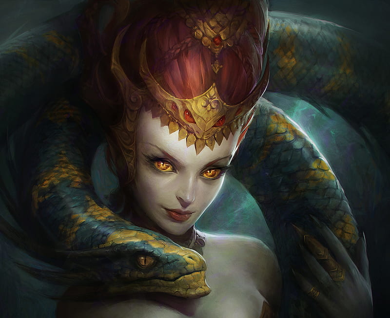 Lady and the snake, girl, snake, daniil kozlovsky, art, fantasy, luminos,  HD wallpaper