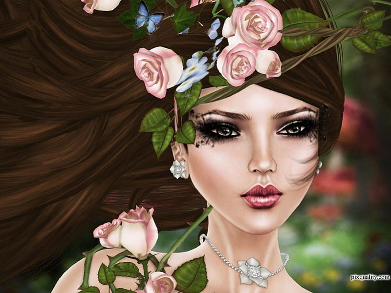 Pink Roses, dark eyes, fantasy, dark hair, necklace, roses, woman, HD wallpaper