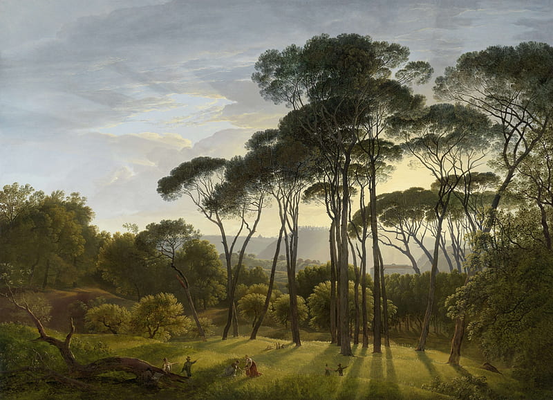 Italian landscape with umbrella pine trees, hendrik voogd, art, tree, green, italian, painting, pictura, landscape, HD wallpaper