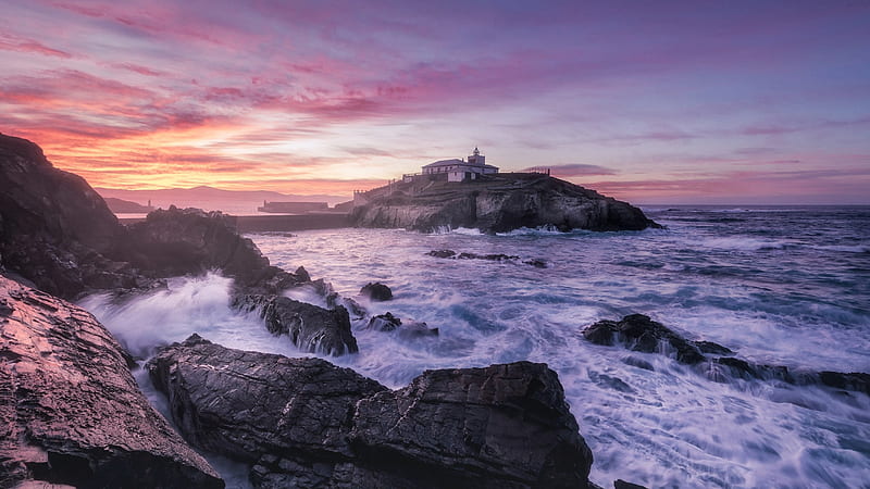 Lighthouse in Spain, Atlantic Coast, sky, rocks, sunset, clouds, colors, ocean, HD wallpaper
