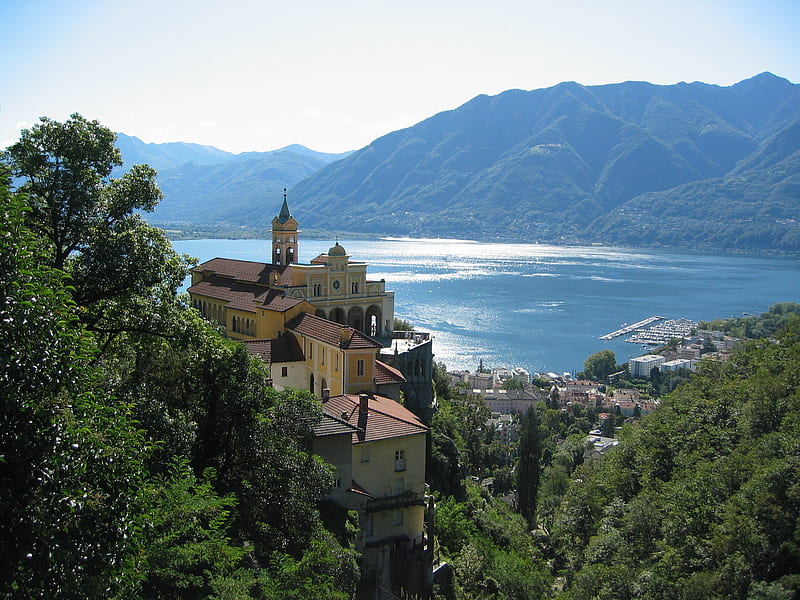 Lago Maggiore, Italy, water, green, mountains, trees, castle, lake ...