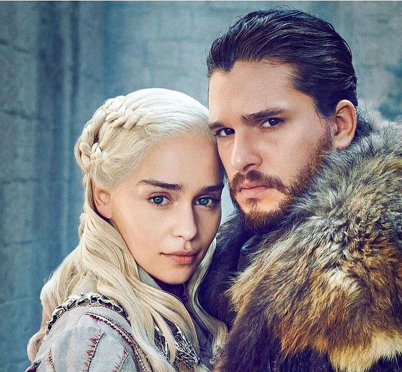 Game of Thrones 2011 - 2019, tv series, jon snow, daenerys targaryen, couple, kit harington, lovers, game of thrones, emilia clarke, fur, fantasy, HD wallpaper