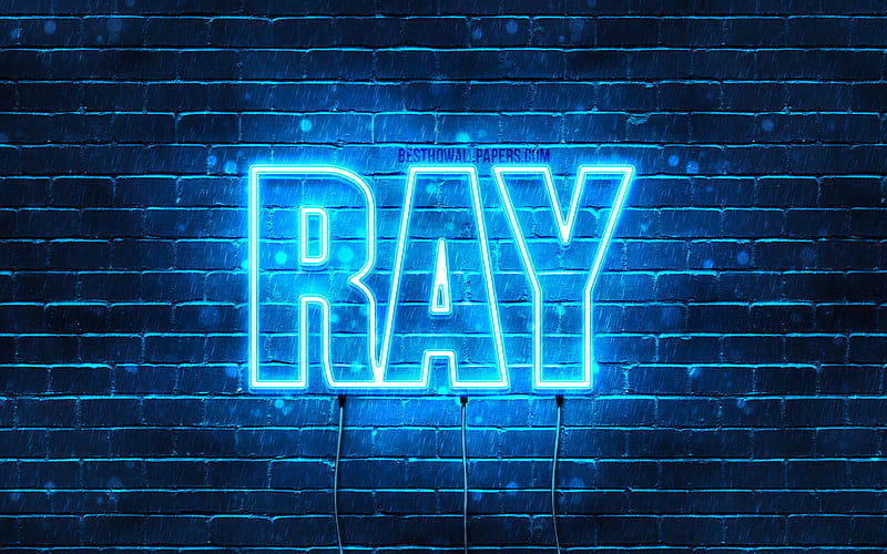 Ray with names, horizontal text, Ray name, Happy Birtay Ray, blue neon lights, with Ray name, HD wallpaper