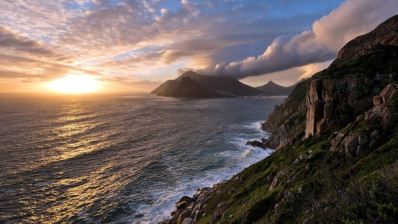 sunset on a rugged seacoast, rugged, cliffs, sunset, clouds, coast, sea, HD wallpaper