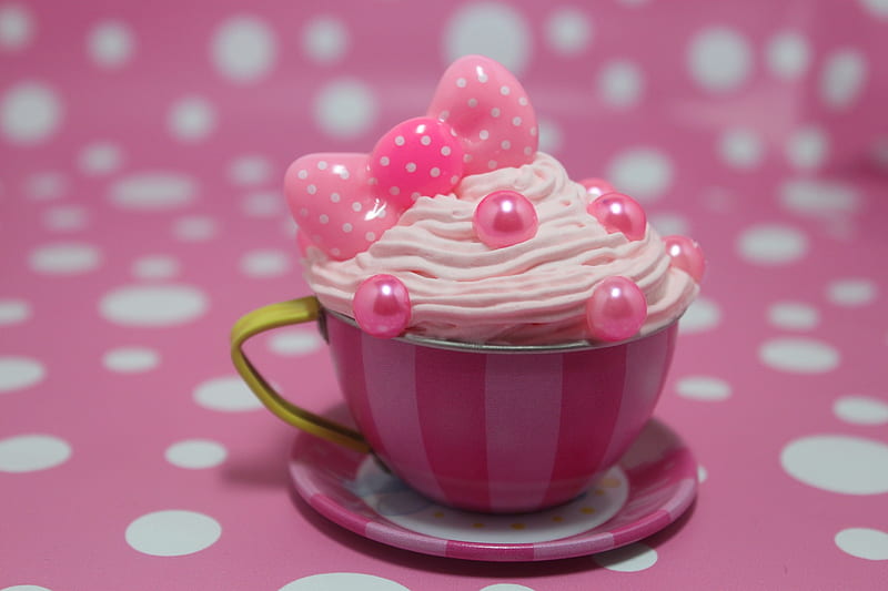 Mini Delicious, girly things, lines and points, shine, bow, sweet, forever stripes and dots, pearls, pink, delicious, ribbon, teacup, entertainment, precious, sunshine, fashion, white, cream, HD wallpaper