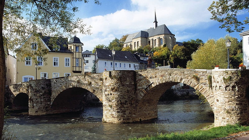 lovely ancient bridge in a german town, ancient, stone, bridge, town, river, HD wallpaper
