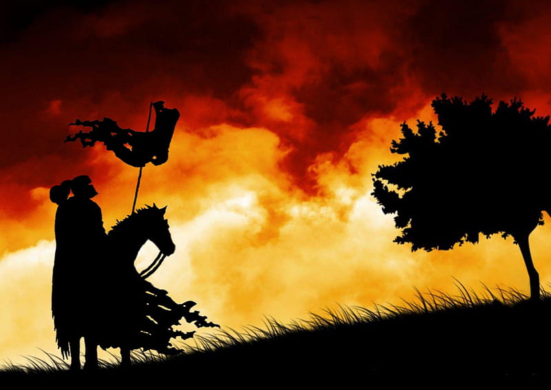 Knight and Steed Silhouette, cloud, guerra, sunset, horse, silhouette, flag, tree, warrior, battle, medieval, helmet, sunrise, weapon, sword, knight, HD wallpaper
