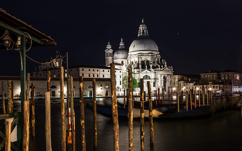 Santa Maria della Salute, Roman Catholic church, Venice, night, cove, Venice Landmark, Italy, HD wallpaper