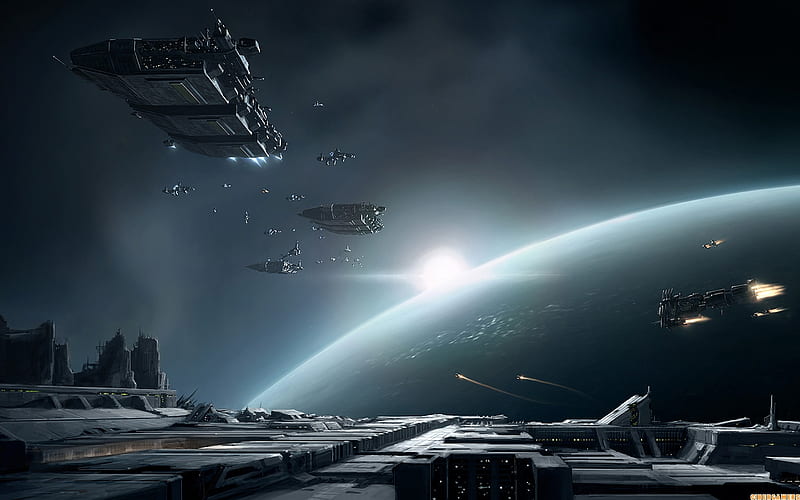approaching fleet, rising sun, fleet of ships, scifi, planet, HD wallpaper