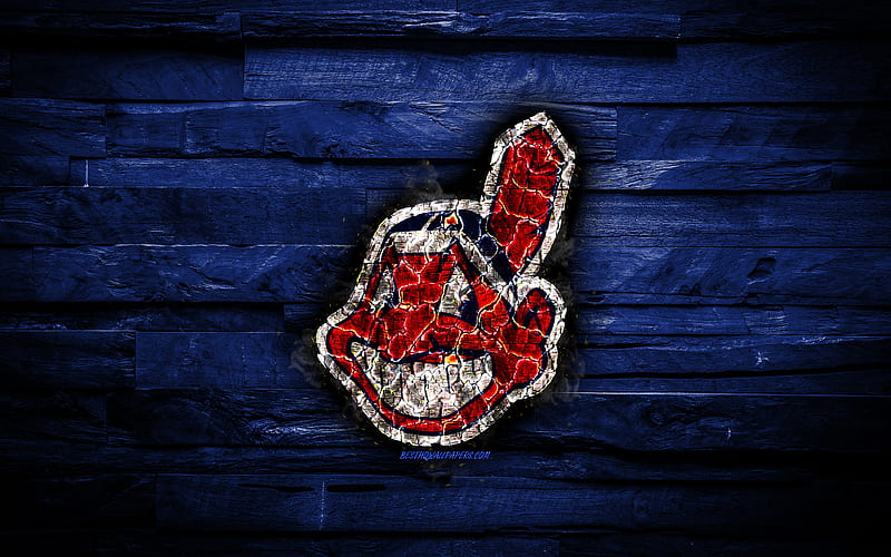 Cleveland Indians scorched logo, MLB, blue wooden background, american baseball team, The Tribe, grunge, baseball, Cleveland Indians logo, fire texture, USA, HD wallpaper
