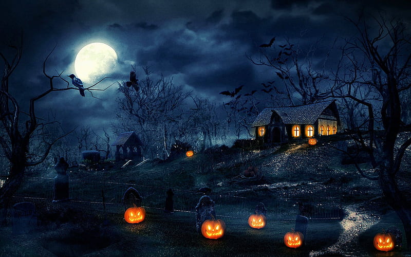 Happy Halloween, raven, house, moon, well, hill, clouds, artwork, pumpkins, HD wallpaper