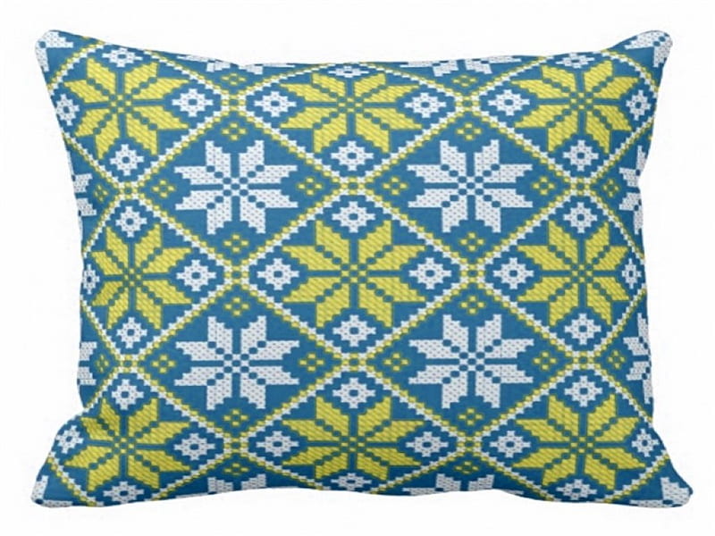 Cross-stitch in pale yellows and blues, home, yellow-blue, cushions, abstract, cross-stitch, textures, decore, pillows, style, HD wallpaper