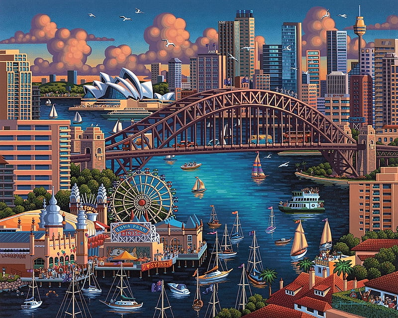 Sydney, art, bridge, painting, australia, eric dowdle, pictura, blue, HD wallpaper