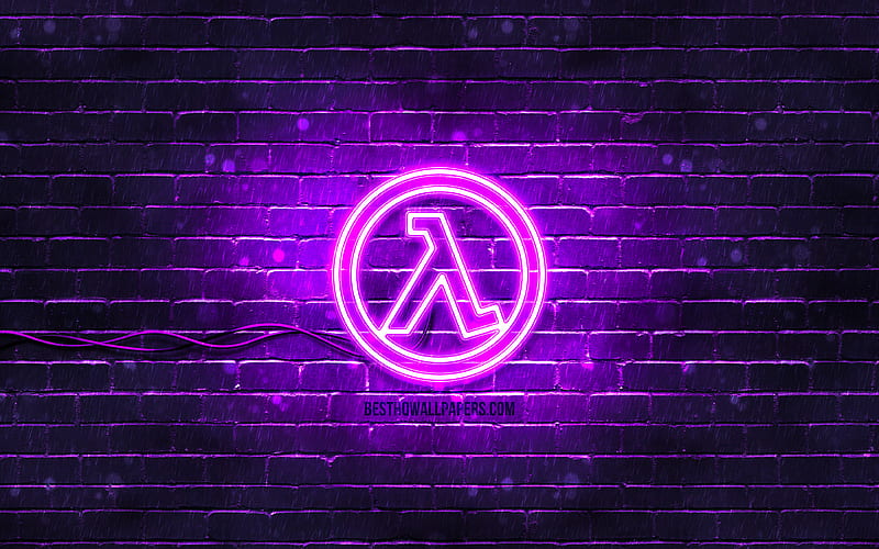 Half-Life violet logo violet brickwall, Half-Life logo, 2020 games, Half-Life neon logo, Half-Life, HD wallpaper